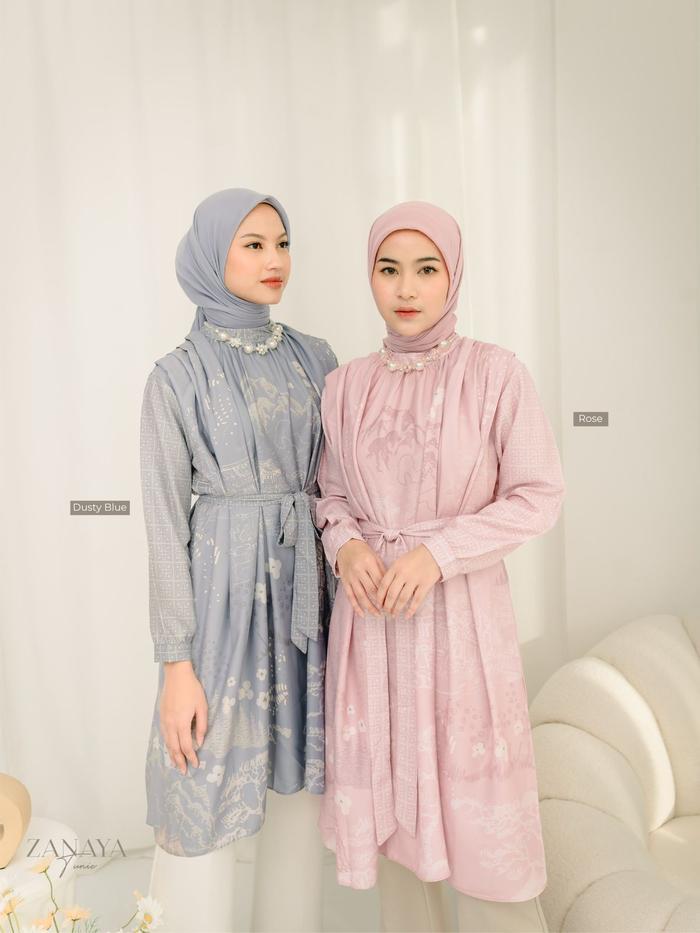 Mylady Hijab Zanaya Tunik  Muslim  Wanita Cantik Navy Silk Nyaman Atasan Simple Dewasa Panjang