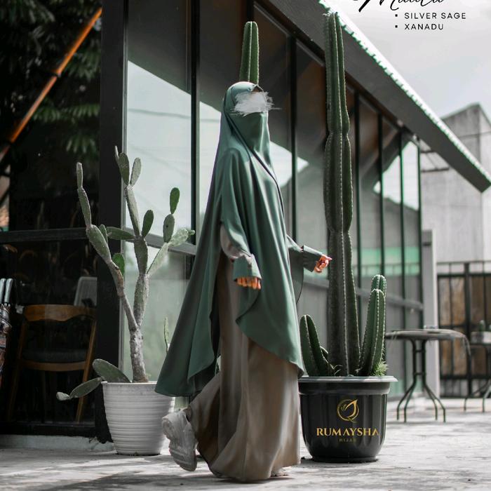 Rumaysha Hijab Maula series bahan new fortaleza warna gamis silver sage warna khimar xanadu adem nya