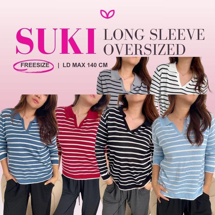 Promo Pluffyschoice Suki Long Sleeve Oversized Stripes Top Baju Atasan Wanita COD