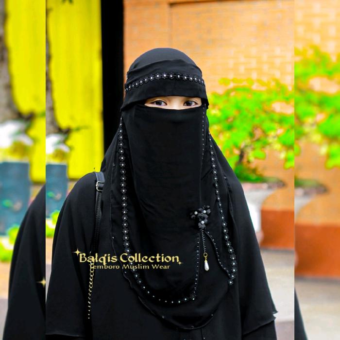 Niqab/ Cadar Bandana Syella Poni Renda Bunga 2 Lapis Oval  Sifon Silky