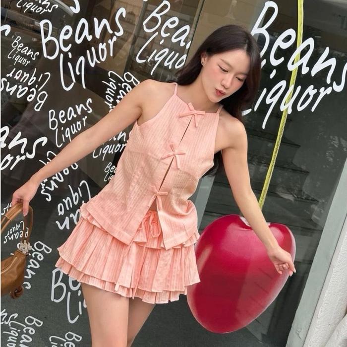 Nayeon Ribbon Vest with Layered Mini Skort Set / Setelan Korea Vest Rok SET7601