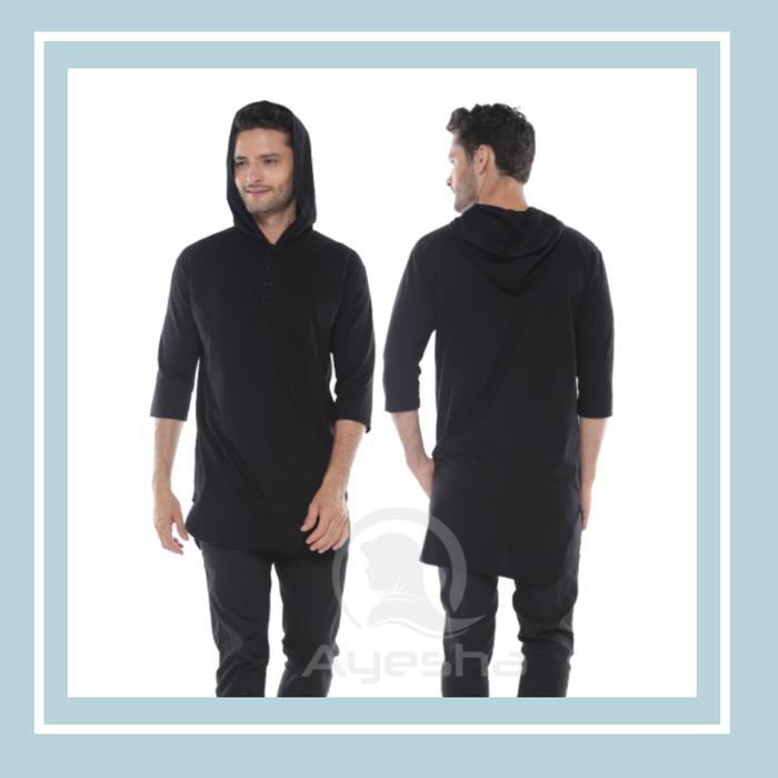 Ayesha Kurta Koko Hoodie Pria Polos Katun Combed Pria Hitam Lengan 3/4 Hitam Nyaman