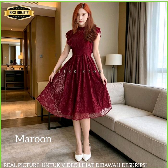 Classy Gaun Anak Perempuan 12-18thn Chiko Premium Blouse Gaun Remaja Midi Dress Maroon
