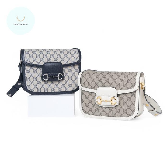 GUCCI GG SMALL HORSEBIT 1955 SHOULDER BAG CANVAS IN BEIGE/ WHITE DARK BLUE