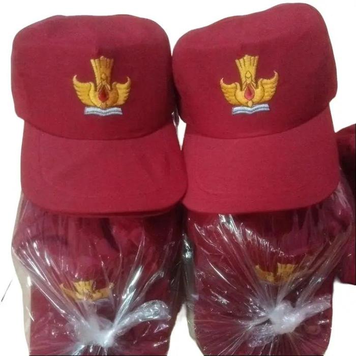Topi Sekolah SD SMP SMA PRAMUKA Bordir Belakang Karet isi 20pcs Warna Merah untuk Anak Kelas 1-6 SD