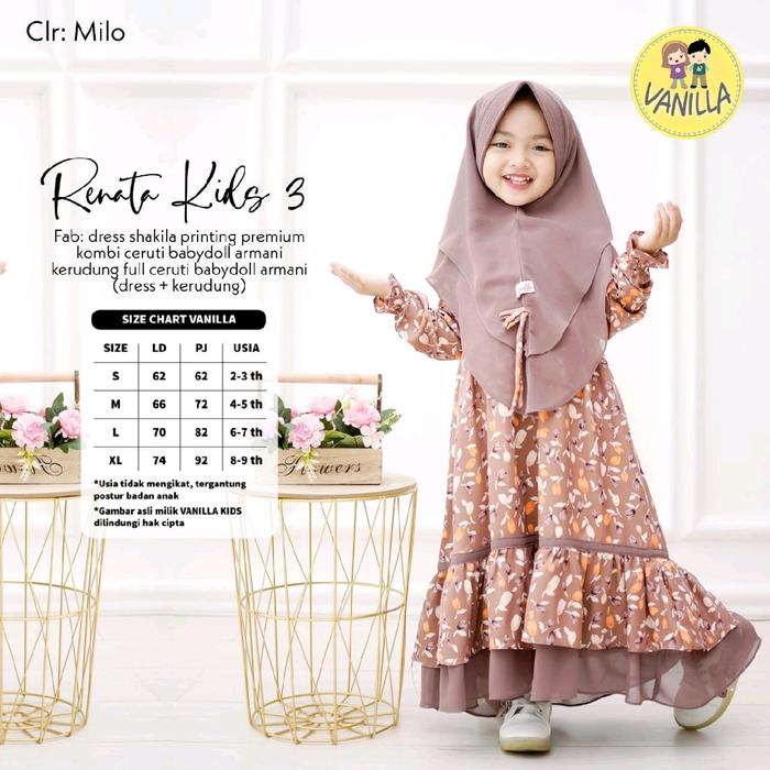 [READY] Renata Kids 3 Vanila Milea Kids Alifa Gamis Anak Set Hijab Bahan Adem Premium