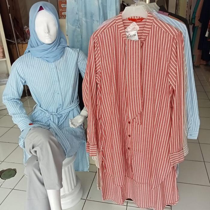 Dauky M Tunic Stripe Belt Baju Atasan Wanita katun tunik garis garis kancing depan