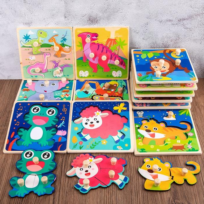 COD Puzzle Knob 3D Chunky Puzzle Knob Kayu Anak Karakter Hewan dan Kendaraan Lucu Puzzle Wooden Knob