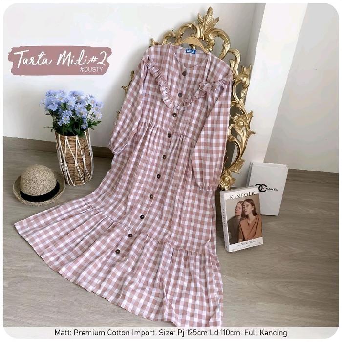 Dress Midi Ruffle Motif Kotak-Kotak Hayya Gingham Tartya Muslimah - Midi Dress Terbaru murah