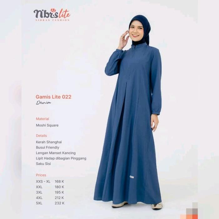 Gamis Nibras Terbaru Lite 022 Warna Biru Denim Polos Bahan Lembut Ringan Jatuh Dress Muslimah Casual