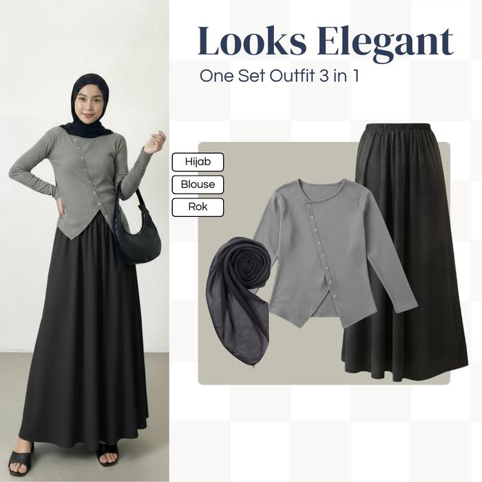 One Set Outfit Wanita Kekinian 3 in 1 | Selly Top Blouse Lengan Panjang, Rok Mayung Polos, Jilbab Pe