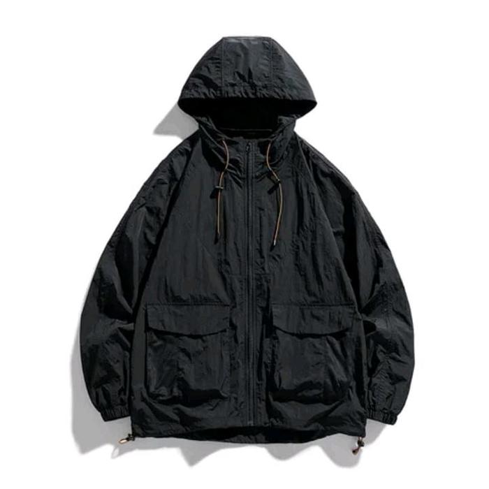 Jaket Outdoor Waterproof Anti-UV Pria Wanita Parasut Hitam - Jaket Windbreakers Cagoule Casual Pria 