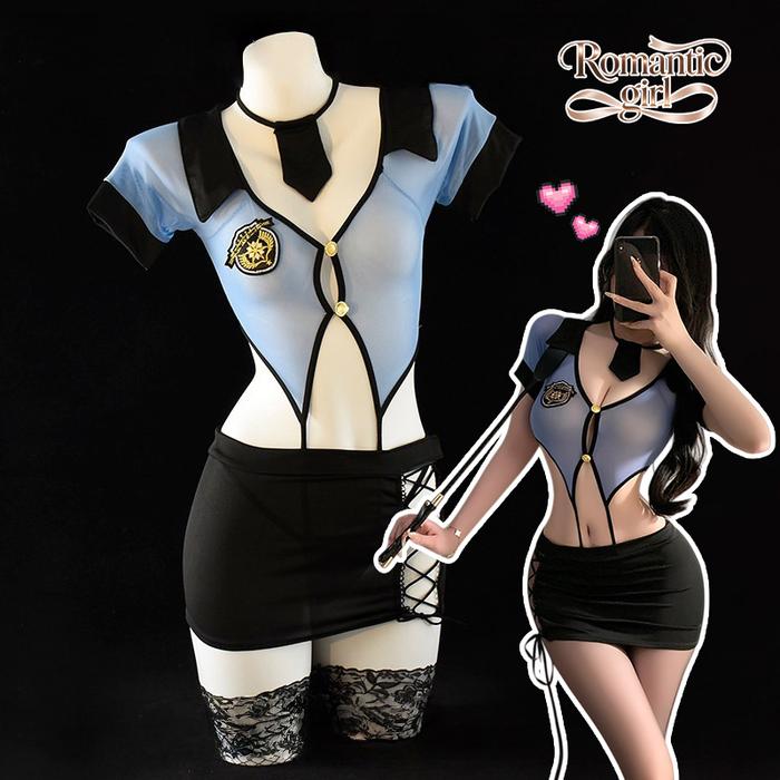 Bermain peran Seragam polisi Pakaian dalam seksi Bodysuit + rok pendek Pesona seksi Tunjukkan pesona