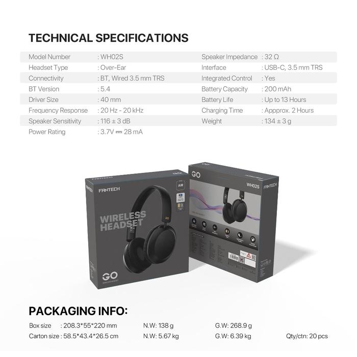 [HWARTZ] Fantech GO AIR WH02 Headphone ENC Bluetooth Headset Wireless