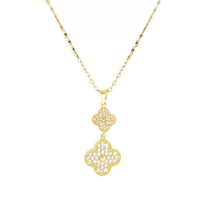 K296 Kalung Wanita Titanium Anti Karat Tidak Luntur Liontin Zircon Bunga Aksesoris Rantai Lapis Emas