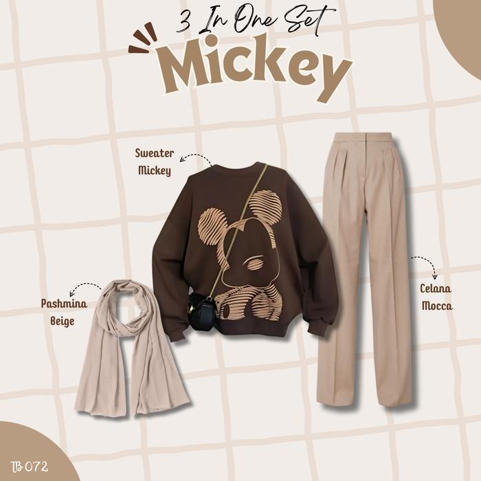 3 In One SET Mickey Outfit Hangout Kekinian Atasan Sweater Mickey Celana Crinkle Mocca Pashmina Beig