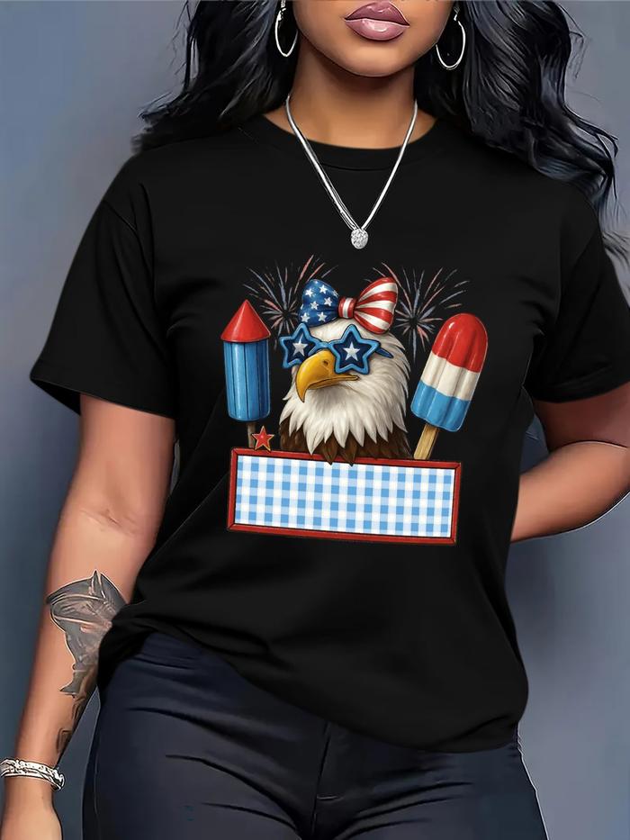 Camiseta Oversize para Mujer Talla Grande - Estampado Patriotico de Bandera Americana y Aguila del 4