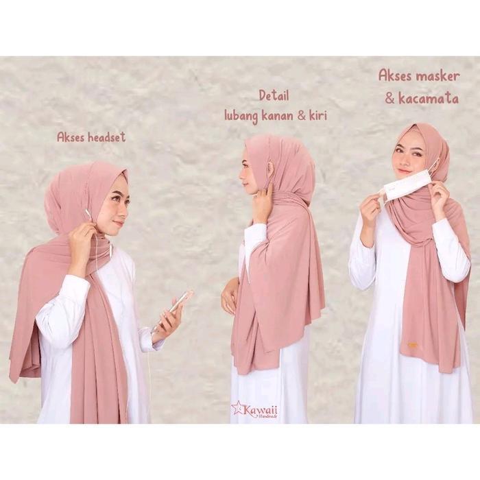 Pashmina instan new normal jersey - pashmina terbaru lubang telinga masker earphone - kerudung pasta