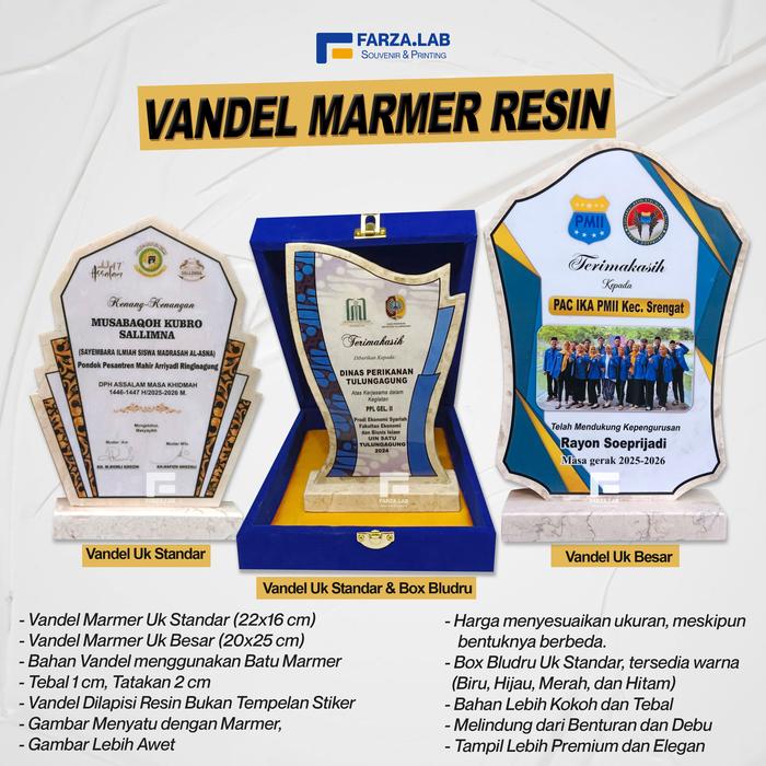 Vandel Marmer Resin, Plakat Marmer, Cinderamata, Hadiah Wisuda,Vandel Custom, Box Bludru
