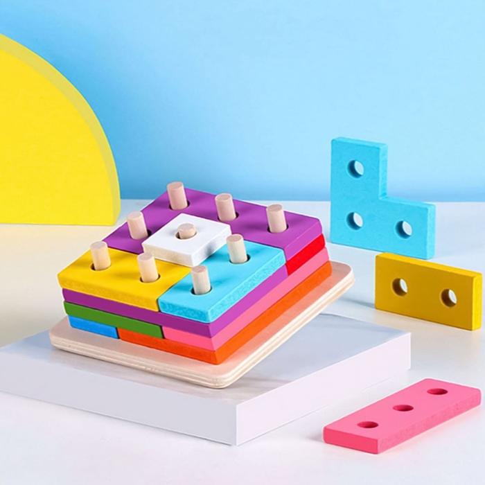 KIDSINK Mainan Edukasi Tetris Kayu Montessori Puzzle Geometri | Wooden Pilar Tetris