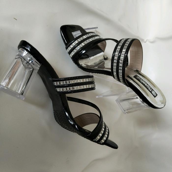SANDAL HEELS HAK KACA WANITA TERBARU/SANDAL BAN 2 MUTIARA TERBARU TALI SILANG TENGAH KECIL QL 02 Pes