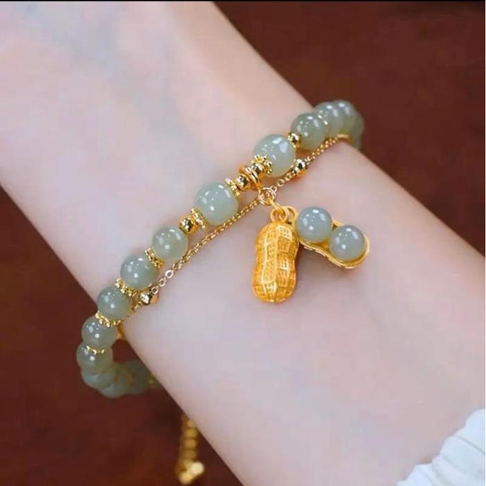 Gelang giok asli batu kacang hijau titanium Gelang giok manik kacang batu asli titanium