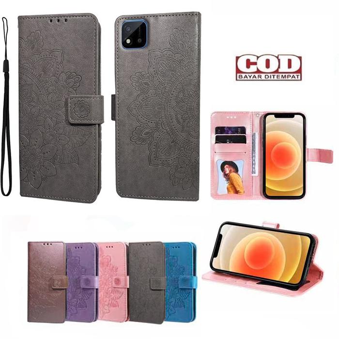Realme C20 Leather Case Realme C11 2021 Casing dompet Flip Motif Bunga matahari PU Dompet Keranjang