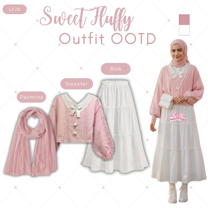 One Set Sweet Glow 3in1 | Rok Susun, Sweater Kawai, Pasmina | Setelan Modis Wanita Kekinian LF26