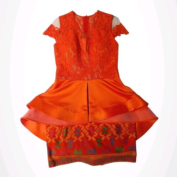 BAJU DRESS TERUSAN PENDEK WANITA KOMBINASI BATIK BROKAT JINGGA