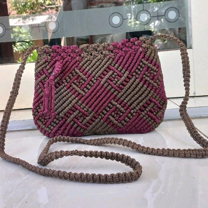 Tas Rajut Tali kur Selempang Wanita Motif Salur Petir Toraja ukuran Sedang Handmade Model Terbaru 2