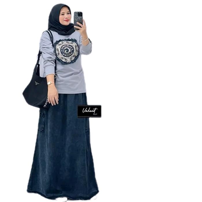 Set rok gabrielle jeans mix combed Dress wanita muslimah Gamis baju midi muslim gaun lebaran oneset 