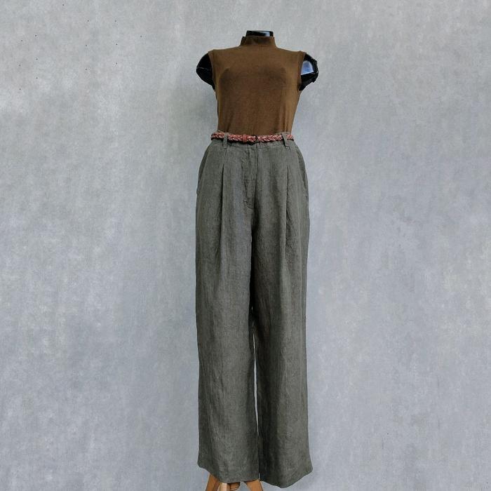 STUDIO TOMBOY LINEN OLIVE PLEATED WIDE LEG PANTS