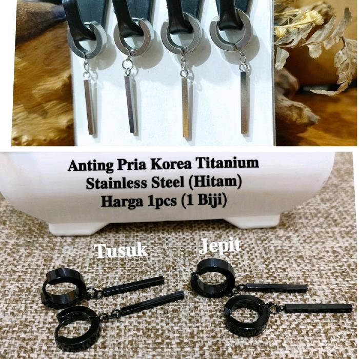 COD || TERBARU TERMURAH || 1 Anting Pria Tabung panjang Hitam dan silver titanium,Anting jepit dan t