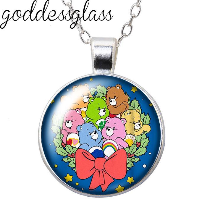 MINISO Care bears Good Luck Grumpy Share Bear Round Photo Glass cabochon silver plated pendant neckl