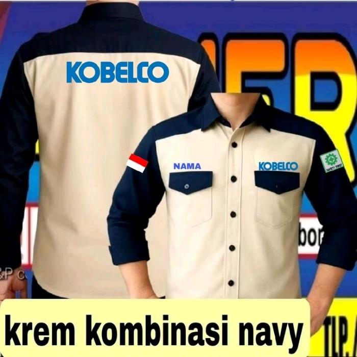 ready stok krem kombinasi navy Kemeja Kobelco baju Kobelco seragam Kobelco kemeja kerja Kobelco baju