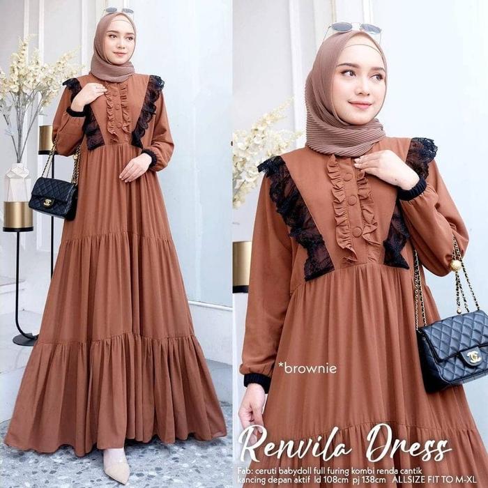 Dress Kekinian Terbaru Renvila Dress BL LD 110 LP 138 CM Bahan Ceruty Babydoll Full Furing Mix Renda