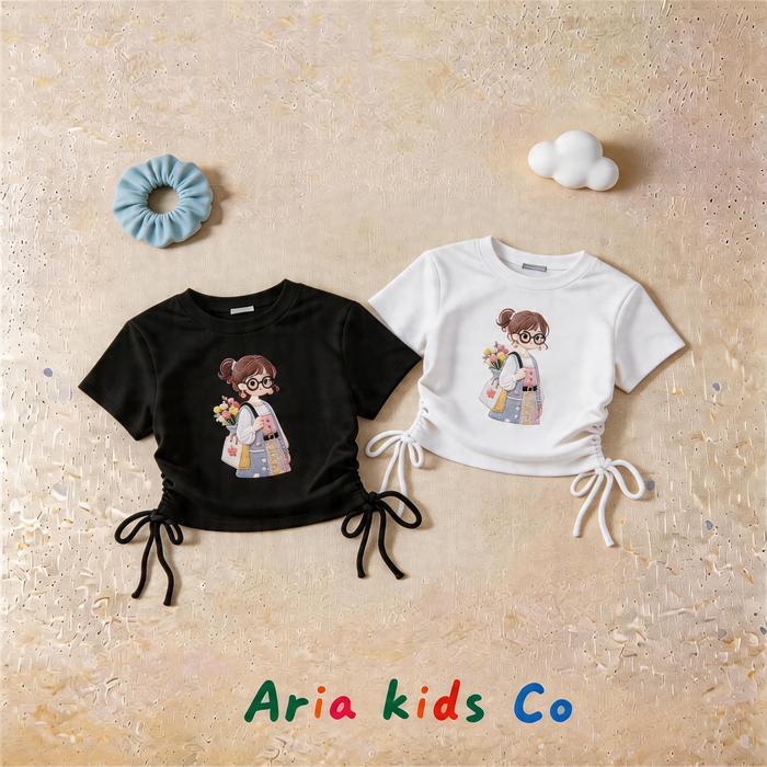 [READY STOCK] AriaKidsCo | Kaos anak Perempuan [Motif Gadis Kartun Kacamata dengan Tas Buket Bunga] 