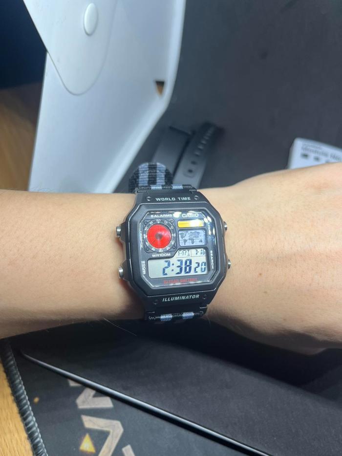 Modified jam tangan pria Casio AE-1200, colorful LCD, hydromod case and Nato kanvas canvas military