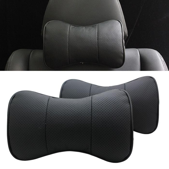 2Pc Genuine Leather Car Pillow Breathable Auto Headrest Neck Pillow