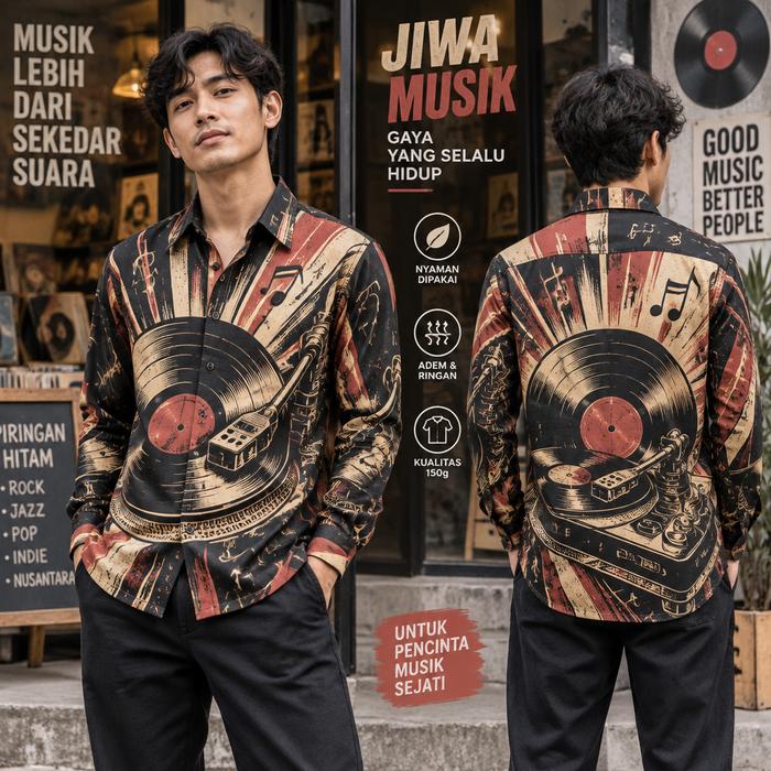 Kemeja Pria Lengan Panjang Motif Piringan Hitam dan Musik Warna Hitam Merah Potongan Reguler