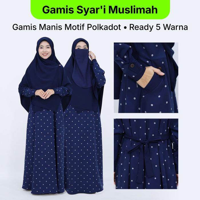 Gamis Basic Harian Muslimah Syar'i Desain Motif Polkadot Bahan Wolfis Adem Tidak Menerawang Divia