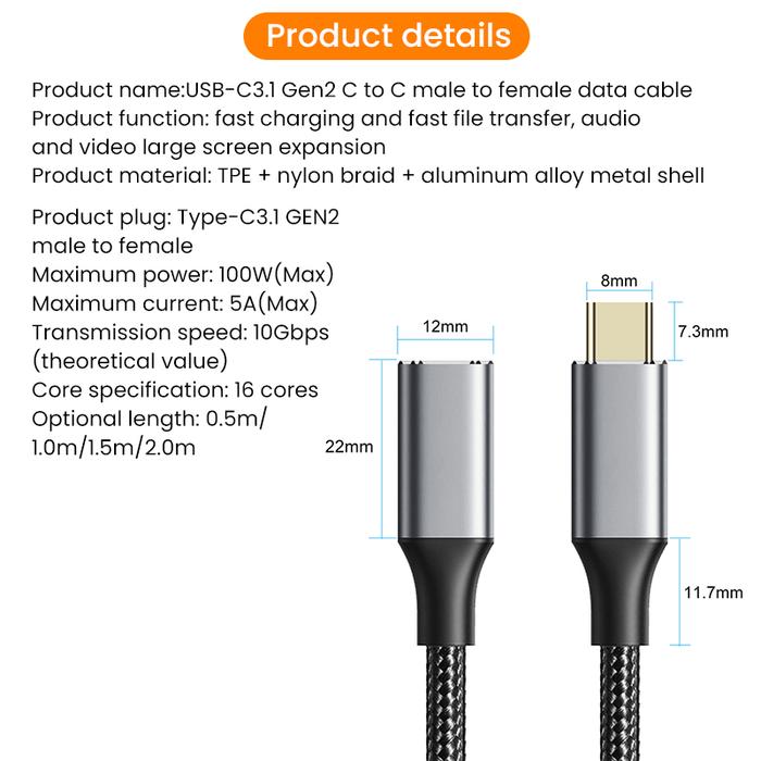 Kabel Ekstensi USB C 5A Pria Ke WANITA 10Gbps Gen2 USB 3.1 Kabel Data