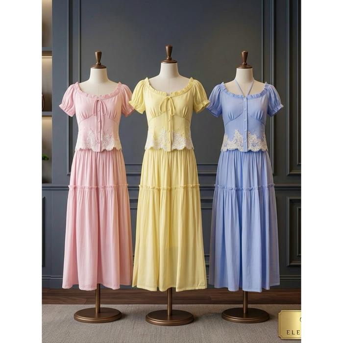 [Navael] Goa Korean Style Vintage Setelan Atasan Rok Simple Elegan Sabrina Pantai Kuning Pink