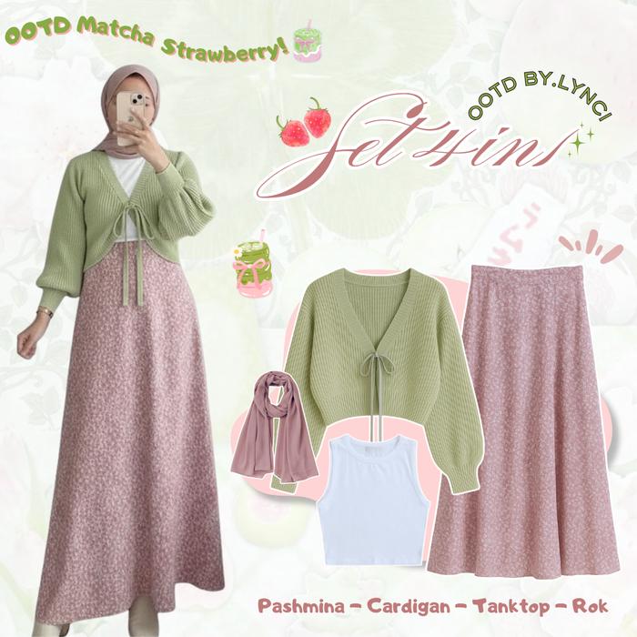 One Set Kekinian 4in1 ( Cardigan Rajut - Tanktop - Rok Motif Bunga - Pashmina Hijab ) Set Outfit Kor