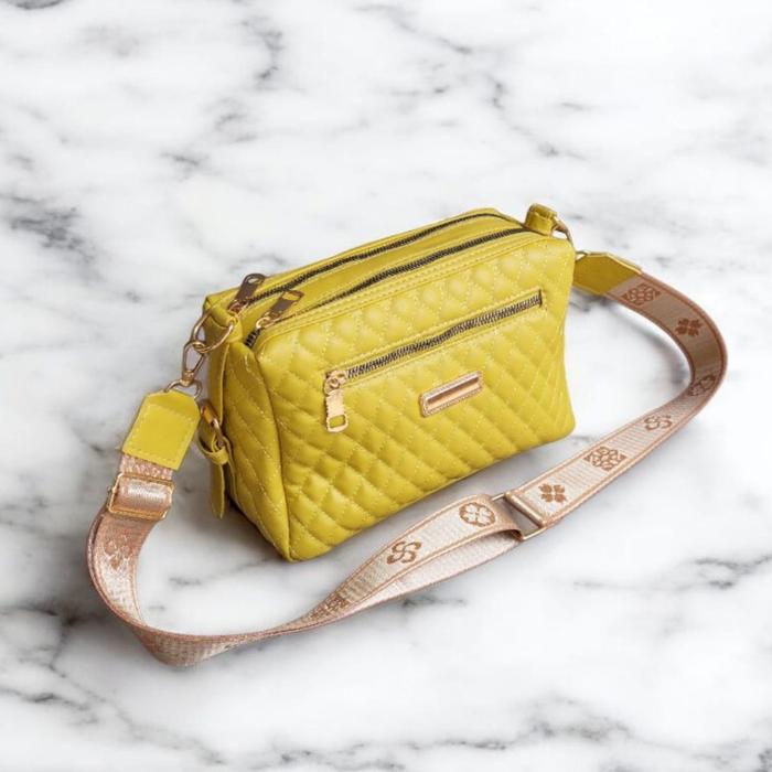 CATLYIN Tas Selempang Wanita PX25 LX11 TX17 cm Kulit Sintetis Premium Motif Kotak-Kotak Warna Kuning