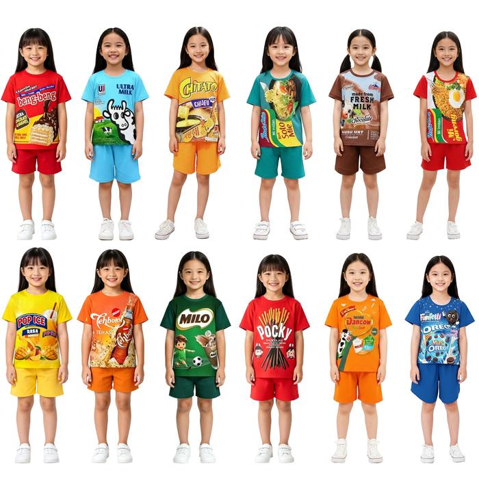 Paket 3pcs Setelan Baju Anak Motif Random Baju Anak Viral Motif Indomi Sotomi Chitato Ultramild Oreo
