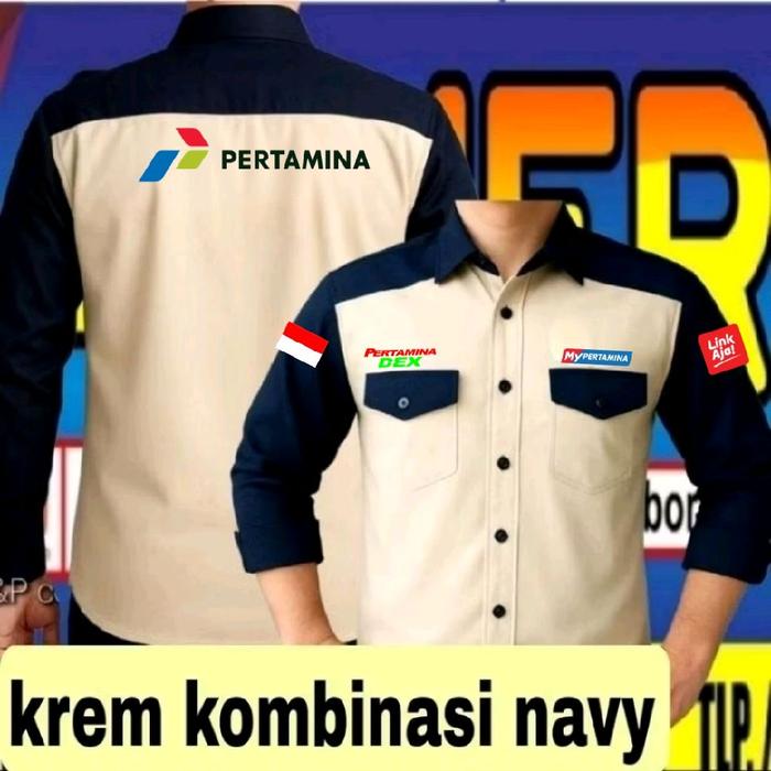 krem kombinasi navy kemeja Pertamina dex baju Pertamina dex seragam Pertamina dex kemeja kerja Perta