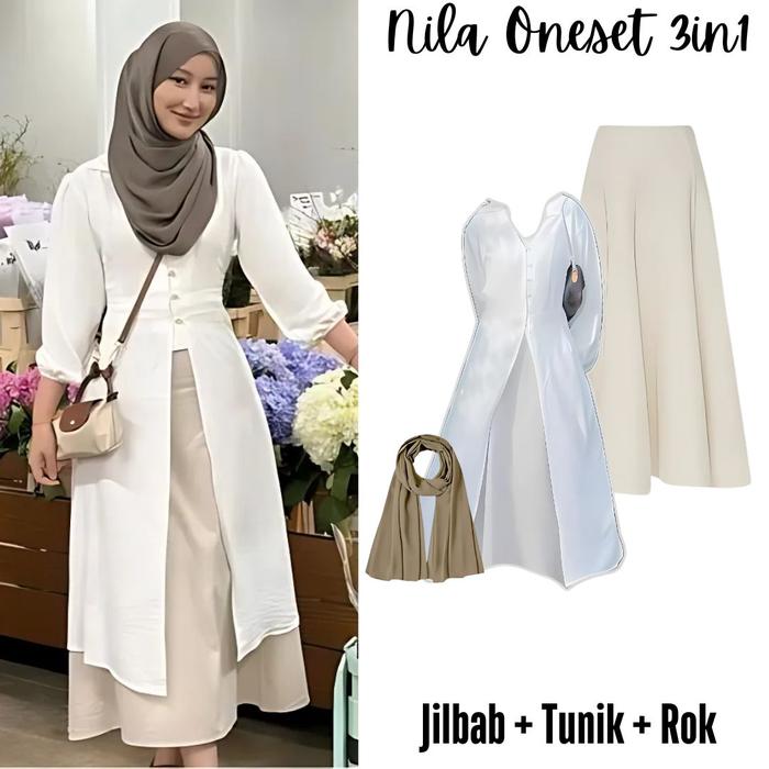 Oneset 3in1 tunik putih panjang rok vanila pashmina kaos  ootd outfit main hangout kuliah kerja kamp