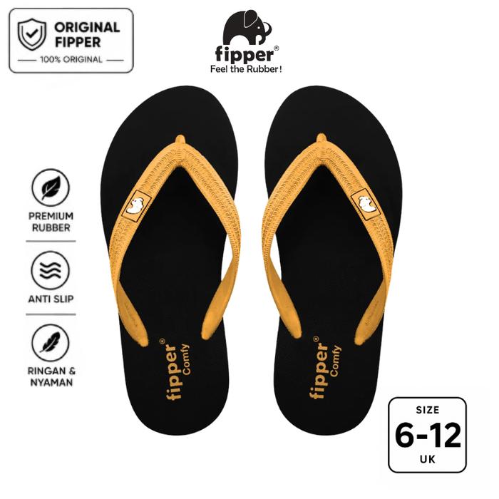 Fipper Comfy Sandal Jepit Anti Slip Pria Wanita Original Ringan Nyaman Hitam Black / Yellow Goldenro