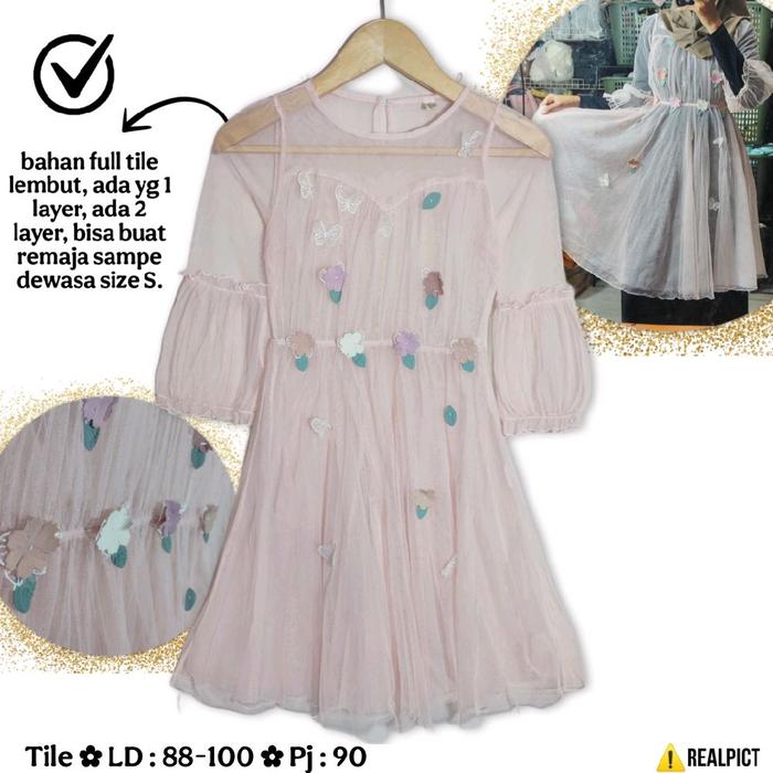 Gaun Tile Terawang Size S / Remaja Bunga Timbul Butterfly Kupu Kupu Cantik Megar Mayung 2 Lapis Laye